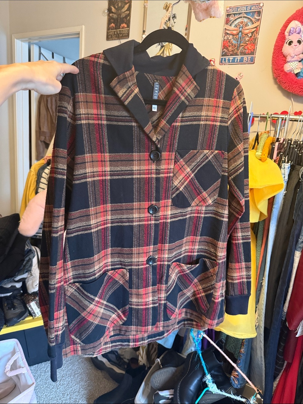 Staples Plaid Shirt Jacket with Burgundy & Tan Stripes
